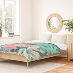 Flamingo Tropical, Colorful Modern Bohemian Eclectic Jungle Graphic Design, Blush Forest Gold Floral Duvet Cover Gallery Image 2