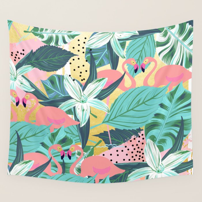 Flamingo Tropical, Colorful Modern Bohemian Eclectic Jungle Graphic Design, Blush Forest Gold Floral Wall Tapestry Gallery Image 1