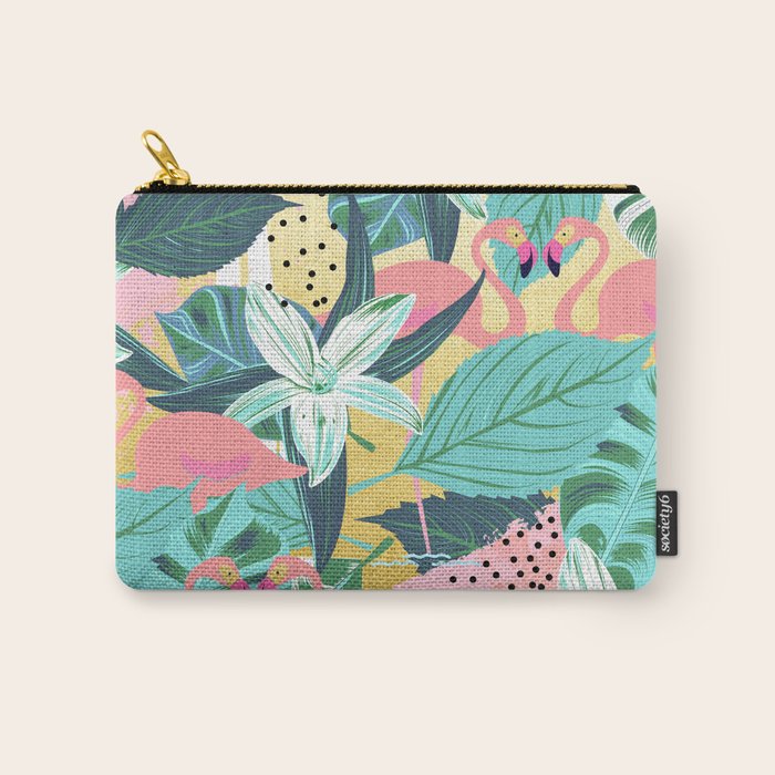 Flamingo Tropical, Colorful Modern Bohemian Eclectic Jungle Graphic Design, Blush Forest Gold Floral Carry All Pouch Gallery Image 1