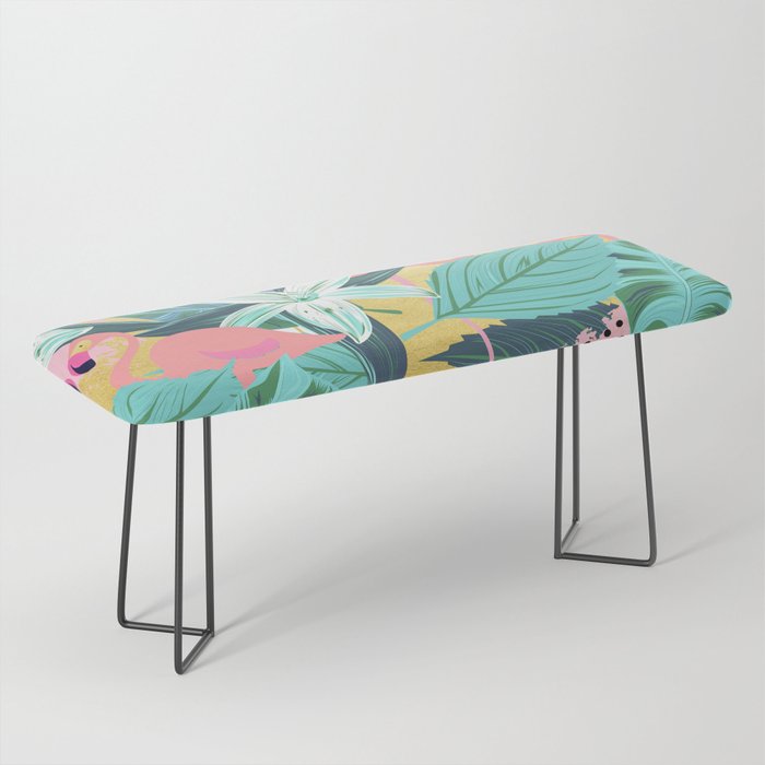 Flamingo Tropical, Colorful Modern Bohemian Eclectic Jungle Graphic Design, Blush Forest Gold Floral Bench Gallery Image 1