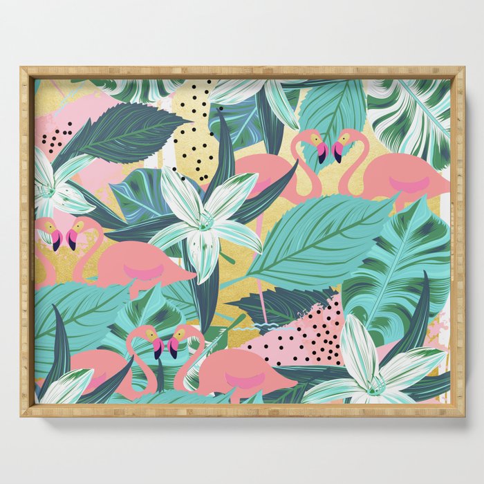 Flamingo Tropical, Colorful Modern Bohemian Eclectic Jungle Graphic Design, Blush Forest Gold Floral Serving Tray Gallery Image 1