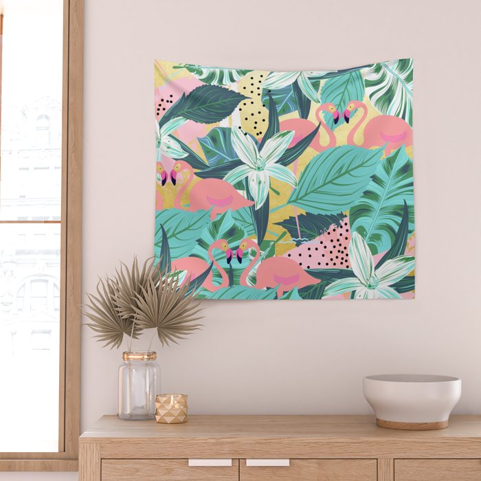Flamingo Tropical, Colorful Modern Bohemian Eclectic Jungle Graphic Design, Blush Forest Gold Floral Wall Tapestry Gallery Image 2