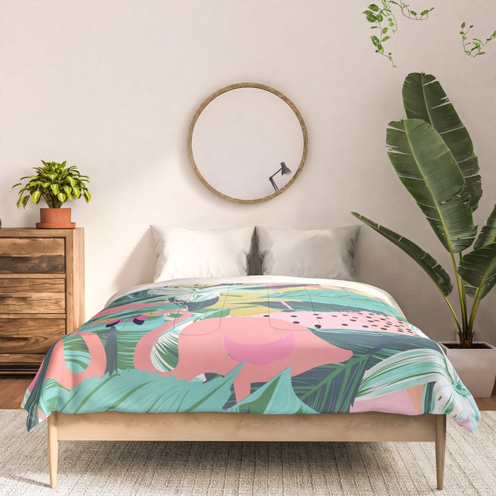 Flamingo Tropical, Colorful Modern Bohemian Eclectic Jungle Graphic Design, Blush Forest Gold Floral Comforter Gallery Image 3