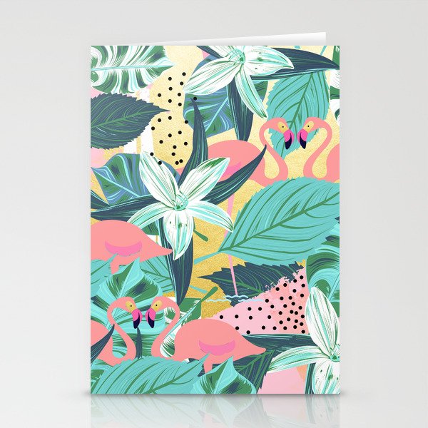Flamingo Tropical, Colorful Modern Bohemian Eclectic Jungle Graphic Design, Blush Forest Gold Floral Stationery Card Gallery Image 1