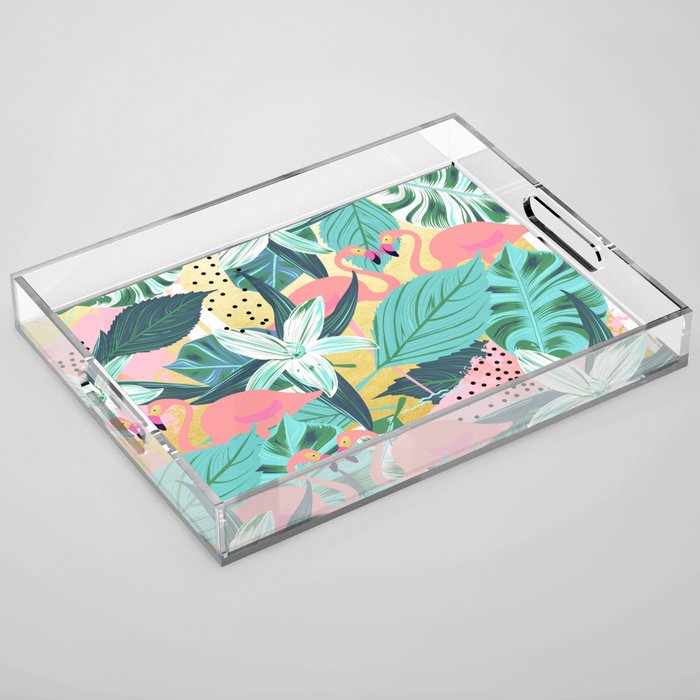Flamingo Tropical, Colorful Modern Bohemian Eclectic Jungle Graphic Design, Blush Forest Gold Floral Acrylic Tray Gallery Image 1
