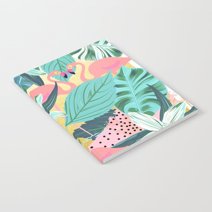 Flamingo Tropical, Colorful Modern Bohemian Eclectic Jungle Graphic Design, Blush Forest Gold Floral Notebook Gallery Image 2