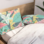 Flamingo Tropical, Colorful Modern Bohemian Eclectic Jungle Graphic Design, Blush Forest Gold Floral Pillow Sham Gallery Image 2