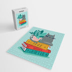 One more chapter // aqua background grey cat striped mug with plants red green and yellow books  Jigsaw Puzzle Gallery Image 2