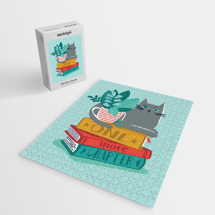 One more chapter // aqua background grey cat striped mug with plants red green and yellow books  Jigsaw Puzzle Gallery Image 2