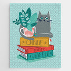 One more chapter // aqua background grey cat striped mug with plants red green and yellow books  Jigsaw Puzzle Gallery Image 1