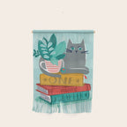 One more chapter // aqua background grey cat striped mug with plants red green and yellow books  Wall Hanging Gallery Image 1