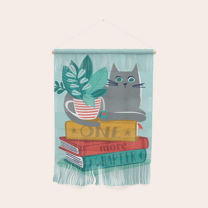 One more chapter // aqua background grey cat striped mug with plants red green and yellow books  Wall Hanging Gallery Image 1