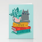 One more chapter // aqua background grey cat striped mug with plants red green and yellow books  Stationery Card Gallery Image 2