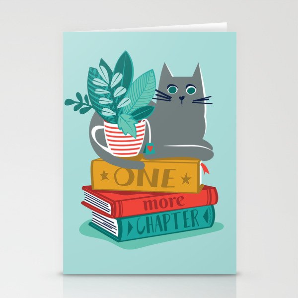One more chapter // aqua background grey cat striped mug with plants red green and yellow books  Stationery Card Gallery Image 2