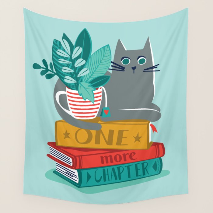 One more chapter // aqua background grey cat striped mug with plants red green and yellow books  Wall Tapestry Gallery Image 4