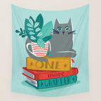 One more chapter // aqua background grey cat striped mug with plants red green and yellow books  Wall Tapestry Gallery Image 4