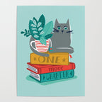 One more chapter // aqua background grey cat striped mug with plants red green and yellow books  Poster Gallery Image 4