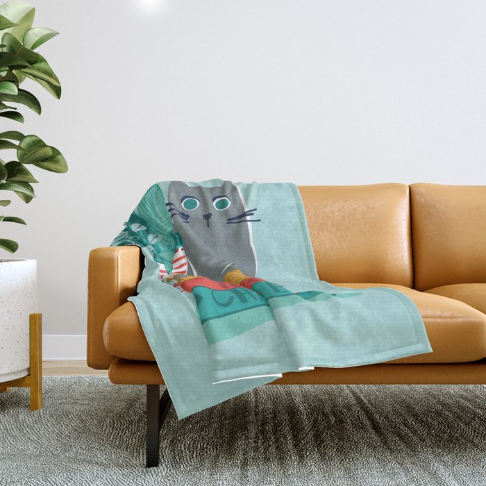 One more chapter // aqua background grey cat striped mug with plants red green and yellow books  Throw Blanket Gallery Image 1