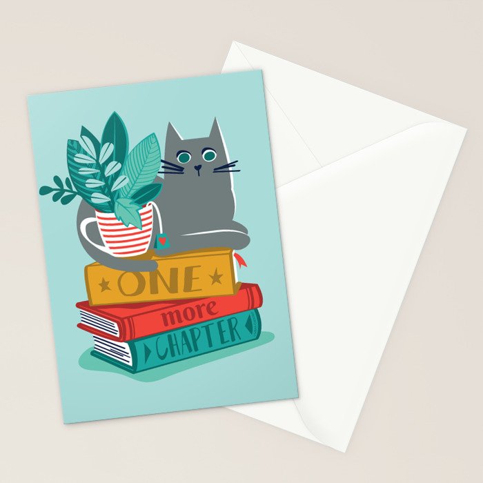 One more chapter // aqua background grey cat striped mug with plants red green and yellow books  Stationery Card Gallery Image 2