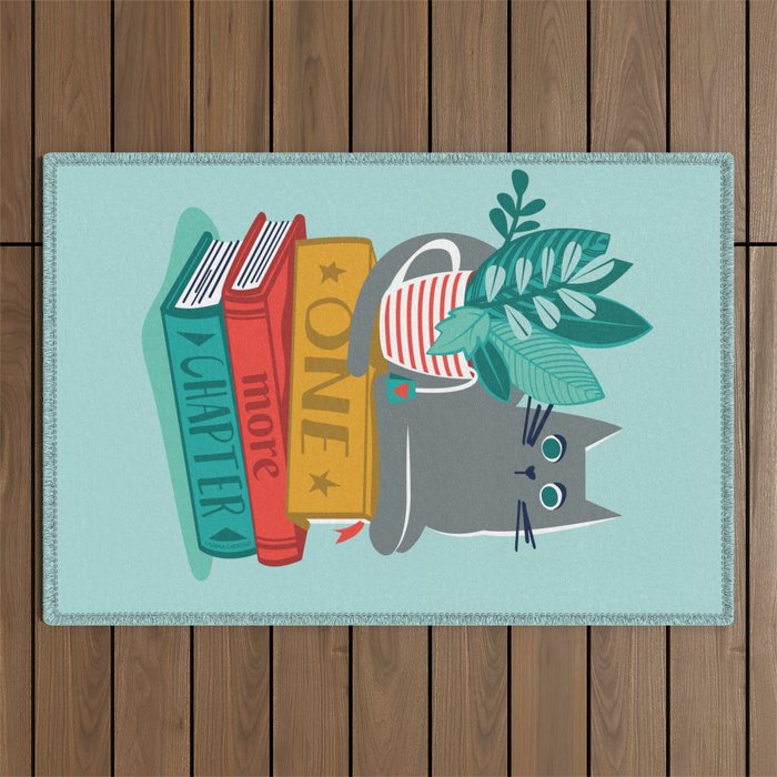 One more chapter // aqua background grey cat striped mug with plants red green and yellow books  Outdoor Rug Gallery Image 1