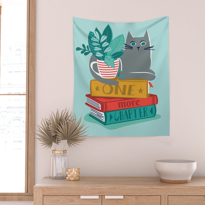 One more chapter // aqua background grey cat striped mug with plants red green and yellow books  Wall Tapestry Gallery Image 2