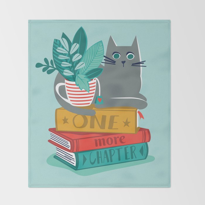 One more chapter // aqua background grey cat striped mug with plants red green and yellow books  Throw Blanket Gallery Image 2