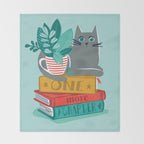 One more chapter // aqua background grey cat striped mug with plants red green and yellow books  Throw Blanket Gallery Image 2