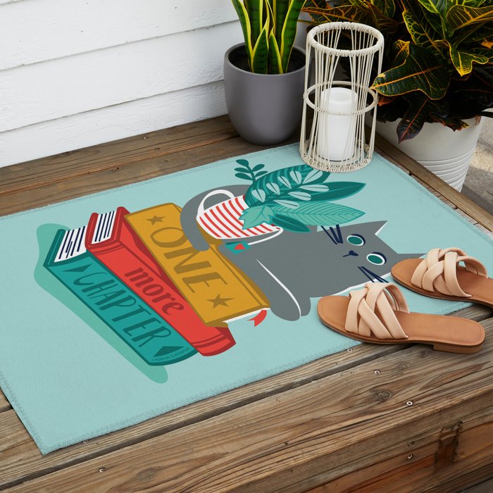 One more chapter // aqua background grey cat striped mug with plants red green and yellow books  Outdoor Rug Gallery Image 2