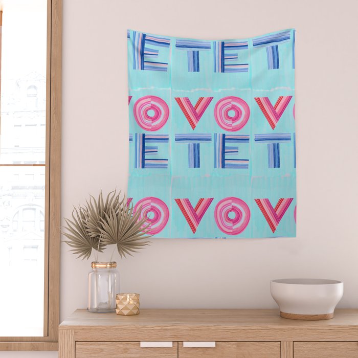 Vote Hand Lettering on Blue Watercolor Background Wall Tapestry Gallery Image 2