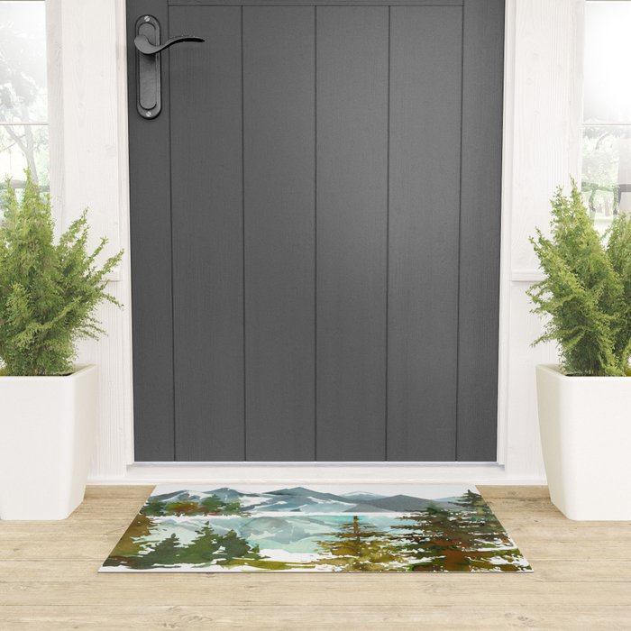 Forest green teal blue watercolor hand painted landscape Welcome Mat Gallery Image 3