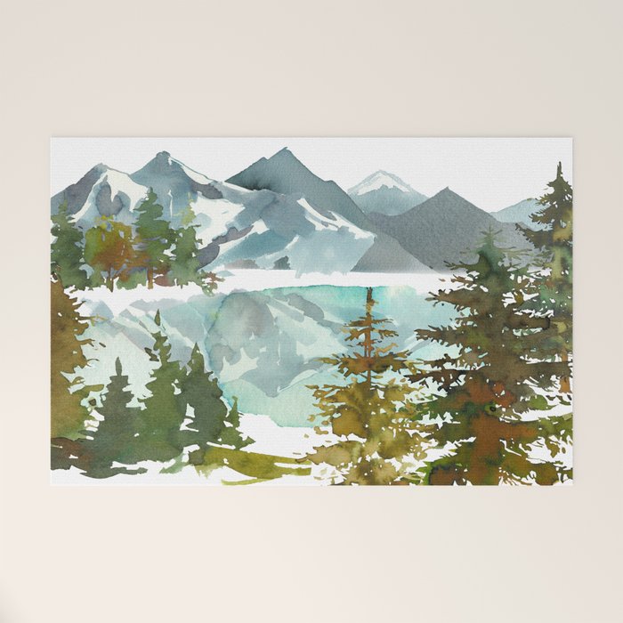 Forest green teal blue watercolor hand painted landscape Welcome Mat Gallery Image 1
