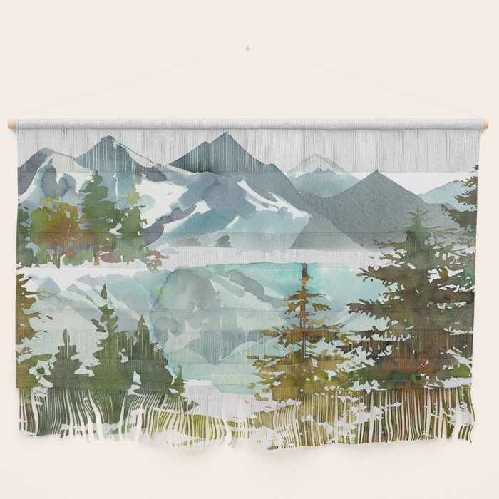 Forest green teal blue watercolor hand painted landscape Wall Hanging Gallery Image 1