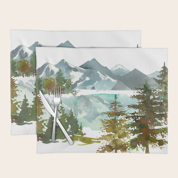 Forest green teal blue watercolor hand painted landscape Placemat Gallery Image 1