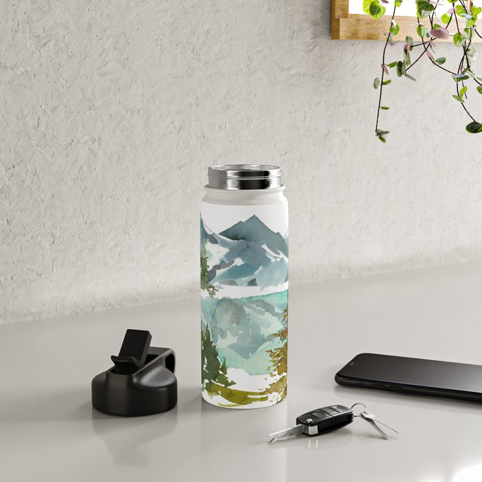 Forest green teal blue watercolor hand painted landscape Water Bottle Gallery Image 4