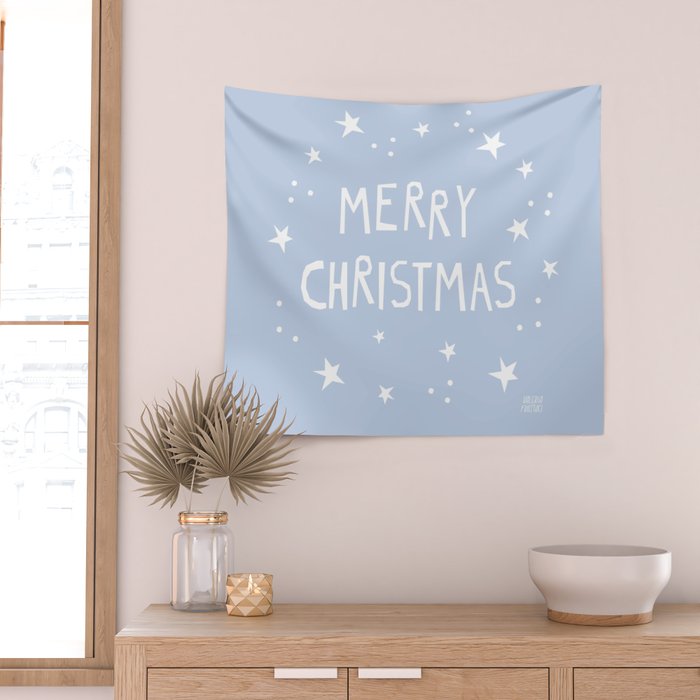 Merry Christmas light blue and white  Wall Tapestry Gallery Image 2