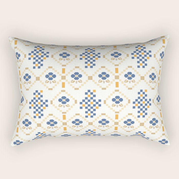 Scandinavian Geometric Floral Pattern  Nordic Folk Tile Design Blue and Mustard Modern Decor Rectangular Pillow Gallery Image 1
