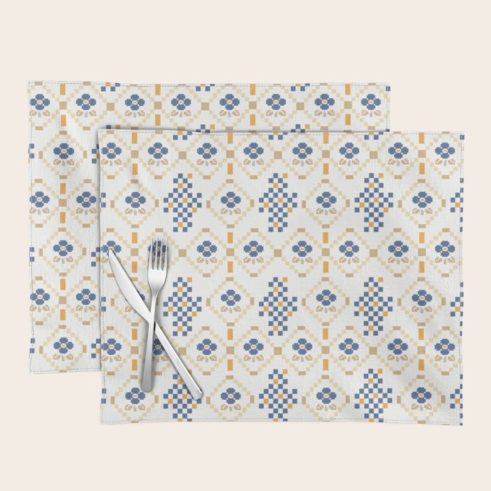 Scandinavian Geometric Floral Pattern  Nordic Folk Tile Design Blue and Mustard Modern Decor Placemat Gallery Image 1