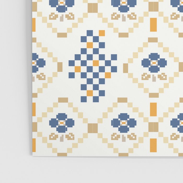 Scandinavian Geometric Floral Pattern  Nordic Folk Tile Design Blue and Mustard Modern Decor Poster Gallery Image 3