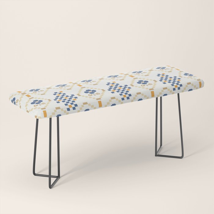 Scandinavian Geometric Floral Pattern  Nordic Folk Tile Design Blue and Mustard Modern Decor Bench Gallery Image 1