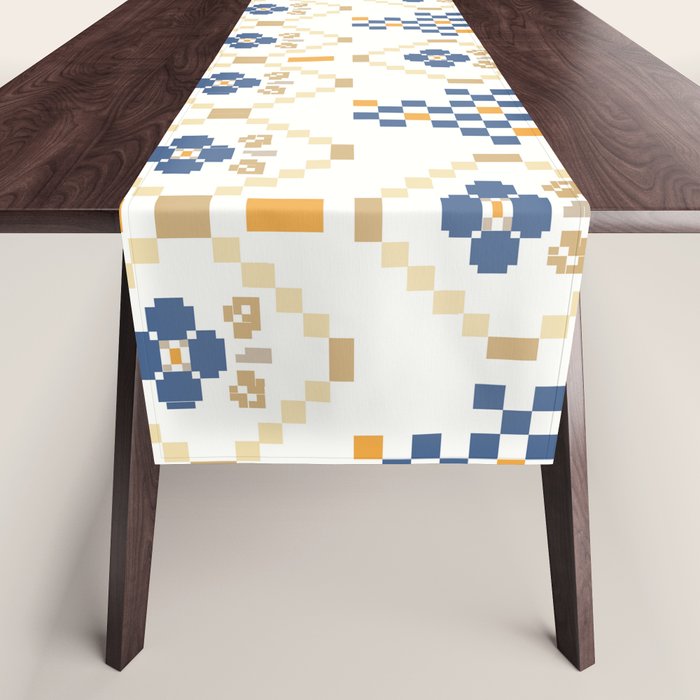 Scandinavian Geometric Floral Pattern  Nordic Folk Tile Design Blue and Mustard Modern Decor Table Runner Gallery Image 1