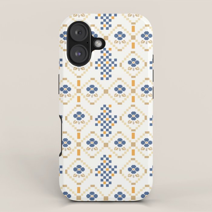 Scandinavian Geometric Floral Pattern  Nordic Folk Tile Design Blue and Mustard Modern Decor iPhone Case Gallery Image 1