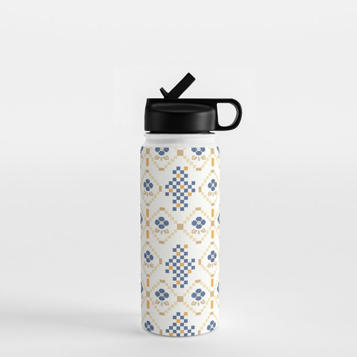 Scandinavian Geometric Floral Pattern  Nordic Folk Tile Design Blue and Mustard Modern Decor Water Bottle Gallery Image 1