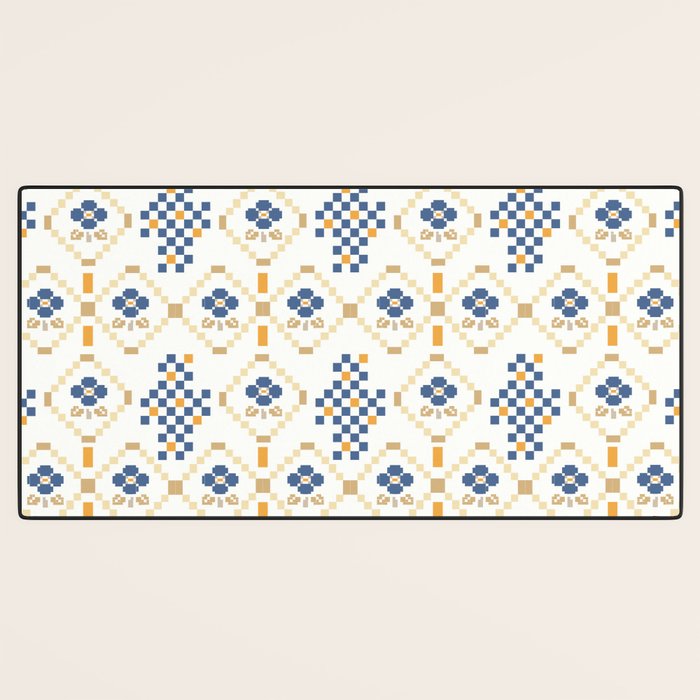 Scandinavian Geometric Floral Pattern  Nordic Folk Tile Design Blue and Mustard Modern Decor Desk Mat Gallery Image 3