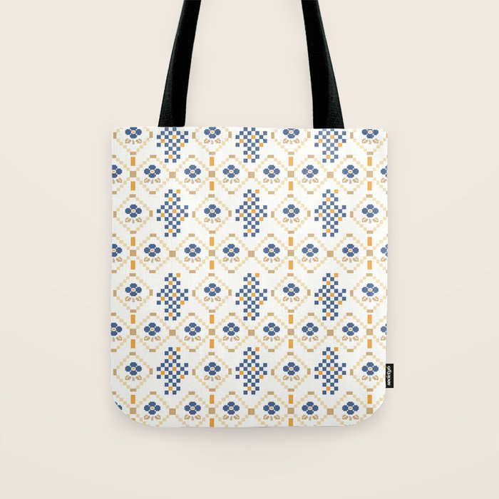 Scandinavian Geometric Floral Pattern  Nordic Folk Tile Design Blue and Mustard Modern Decor Tote Bag Gallery Image 1