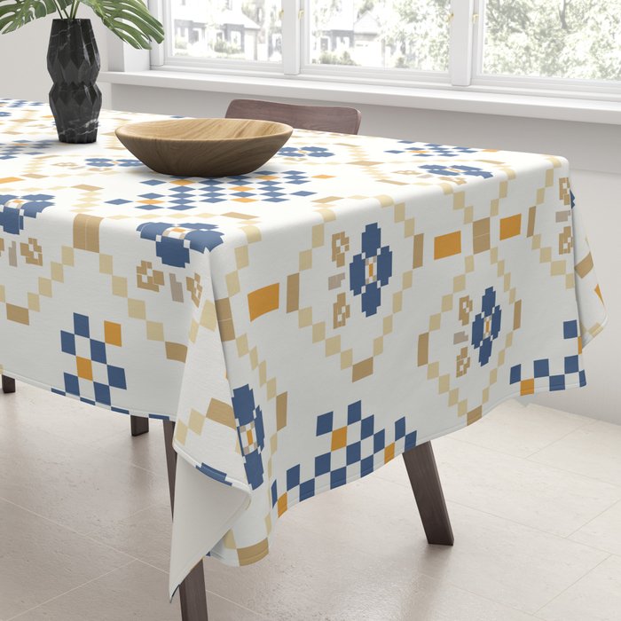 Scandinavian Geometric Floral Pattern  Nordic Folk Tile Design Blue and Mustard Modern Decor Tablecloth Gallery Image 3