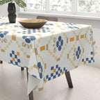 Scandinavian Geometric Floral Pattern  Nordic Folk Tile Design Blue and Mustard Modern Decor Tablecloth Gallery Image 3
