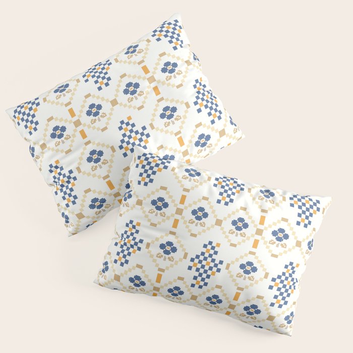 Scandinavian Geometric Floral Pattern  Nordic Folk Tile Design Blue and Mustard Modern Decor Pillow Sham Gallery Image 3