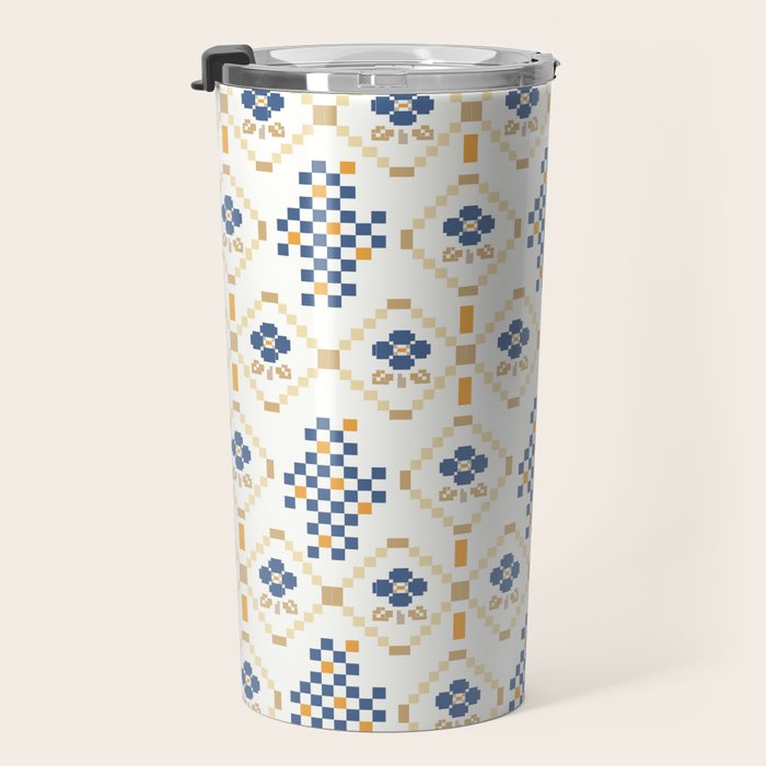 Scandinavian Geometric Floral Pattern  Nordic Folk Tile Design Blue and Mustard Modern Decor Travel Mug Gallery Image 3