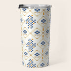 Scandinavian Geometric Floral Pattern  Nordic Folk Tile Design Blue and Mustard Modern Decor Travel Mug Gallery Image 3