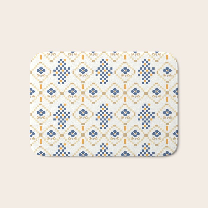 Scandinavian Geometric Floral Pattern  Nordic Folk Tile Design Blue and Mustard Modern Decor Bath Mat Gallery Image 1
